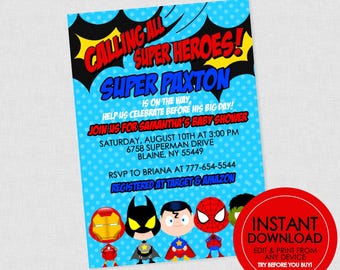 Superhero Baby Shower Invitation - EDITABLE INSTANT DOWNLOAD - Super Hero Baby Shower Invite, Superheroes, Comic