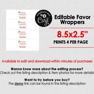 May include: White printable favor wrapper template with text that reads "Here's a treat for your feet and something sweet for you to eat" and "Happy holidays!" with the name "Alessa". The template is 8.5x2.5 inches.
