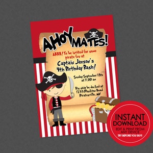 Verjaardagsuitnodiging piraat - BEWERKBARE INSTANT DOWNLOAD - jongen of meisje, piraat verjaardagsuitnodiging, piratenkaart nodigt uit, piratenfeestje uitnodigen, Ahoy