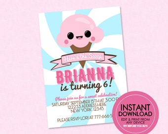 Ice Cream Party Invite - EDITABLE INSTANT DOWNLOAD - Ice Cream Birthday, Ice Cream Party Invitations, Ice Cream Social, Pink, Blue