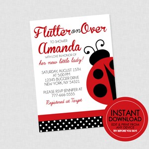 Ladybug Baby Shower Invitation  - EDITABLE INSTANT DOWNLOAD - Lady Bug Baby Shower Invite, Little Lady, Ladybug Party Invites