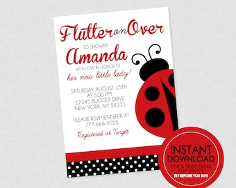 Invitación para baby shower de mariquita - DESCARGA INSTANTÁNEA EDITABLE - Invitación para baby shower de mariquita, Pequeña dama, Invitaciones para fiesta de mariquita