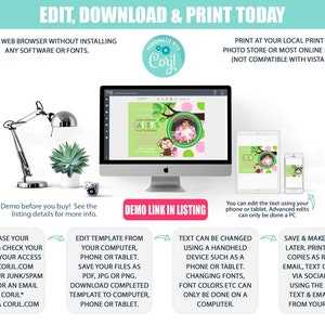 May include: A digital mockup of a printable invitation for a baby's first birthday party. The invitation features a green jungle theme with a monkey, a baby girl, and the text "Baby's First Birthday". The invitation is editable online and can be printed at home or at a local print shop.