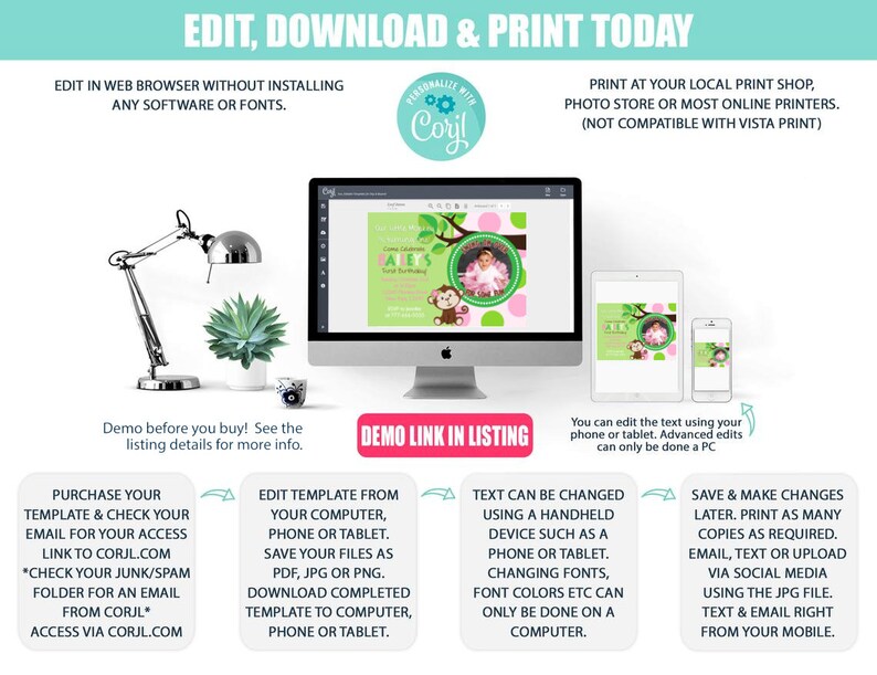May include: A digital mockup of a printable invitation for a baby's first birthday party. The invitation features a green jungle theme with a monkey, a baby girl, and the text "Baby's First Birthday". The invitation is editable online and can be printed at home or at a local print shop.