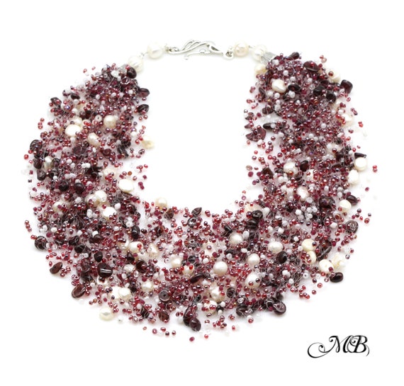 Garnet and Pearl Air Necklace, Air Necklace, Beaded Crochet Necklace, Air Crochet On Thin Fishing Line