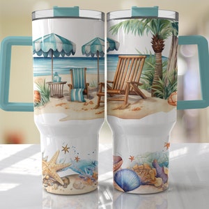 Beach tumbler cup, 30 oz or 40 oz sublimation tumbler, Beach lover gift,  quencher, handle,personalized