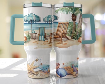 Beach tumbler cup, 30 oz or 40 oz sublimation tumbler, Beach lover gift,  quencher, handle,personalized