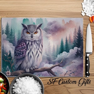 Owl Woodland glass cutting board, Personalized Glass Cutting Boards, Photo Gift, Anniversary, Housewarming gift, bridal, wedding,