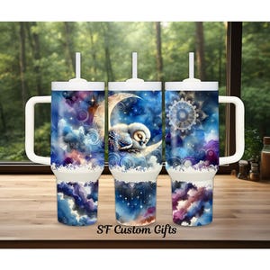 Owl on Moon Celestial tumbler cup, 30 or 40 oz handed tumbler, Owl gift, Owl lovers
