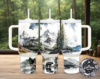 Black Bear and Mountain Scene - Stainless Steel Travel Mug 30 oz or 40 oz Insulated Tumbler with Handle