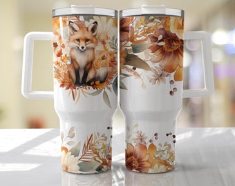 Handmade 40 oz Watercolor Fox Travel Mug - Insulated Tumbler