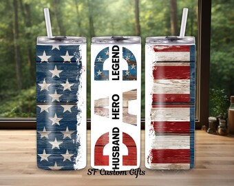 The &quot;DAD Husband Hero Legend&quot; American Flag Tumbler - Gift for a Special Dad:- Insulated Travel Mug