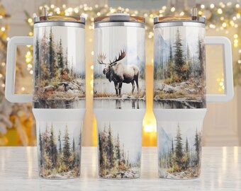 Handmade 30 oz or 40 oz. Majestic Moose Nature Tumbler with Lid and Straw