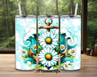 Floral Daisy anchor 20 oz Tumbler - nautical Stainless Steel Tumbler Custom Drinkware