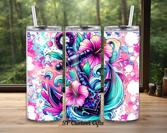 Vivid anchor with tropical flowers 20 oz Tumbler cup - nautical Stainless Steel Tumbler Custom Drinkware