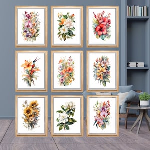 水彩花の花: 室内装飾用のインスタントデジタルダウンロード、印刷可能な壁アート、花の壁アート、9 個セット