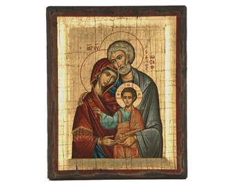 Orthodox icon, The Holy Family 19x15 cm. old looking, Byzantine icon, Handmade icon, canvas on wood, Christmas Gift