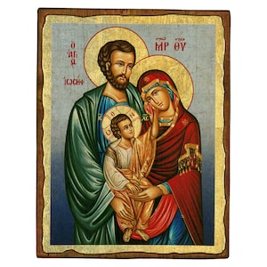 Orthodox icon,The Holy Family 26x20 cm. old looking, Byzantine icon, Handmade icon on natural handcrafted wood, Christmas Gift