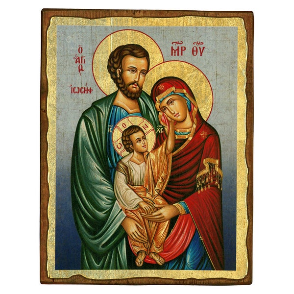 Icône orthodoxe, La Sainte Famille 26x20 cm. aspect ancien, icône byzantine, icône faite à la main sur bois naturel fabriqué à la main, cadeau de Noël