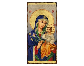 Virgin Mary (28x15 cm.) old looking byzantine icon, orthodox icon, handmade icon on natural wood, Christmas Gift