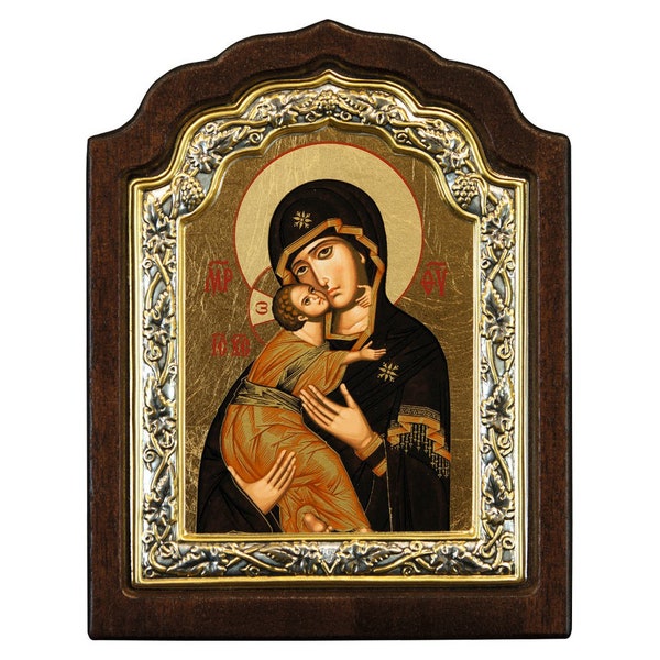 Virgin of Vladimir (16x11 cm.) orthodox silver 925 byzantine icon, orthodox icon, silver 925 frame, canvas on wood, Christmas Gift