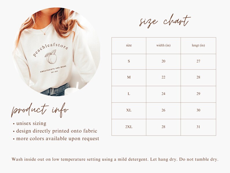 Puede incluir: Una sudadera blanca unisex con un dise&ntilde;o de melocot&oacute;n y el texto "peachleafstore" y "Sweatshirts and More Est. 2020". La tabla de tallas muestra el ancho y la longitud en pulgadas para las tallas S, M, L, XL y 2XL.