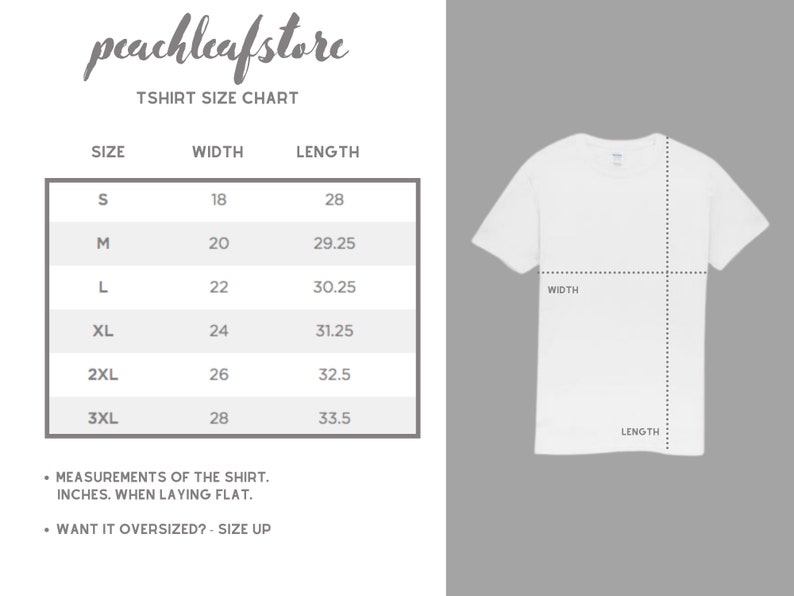 May include: T-shirt size chart with measurements in inches for width and length. Sizes include S, M, L, XL, 2XL, and 3XL.