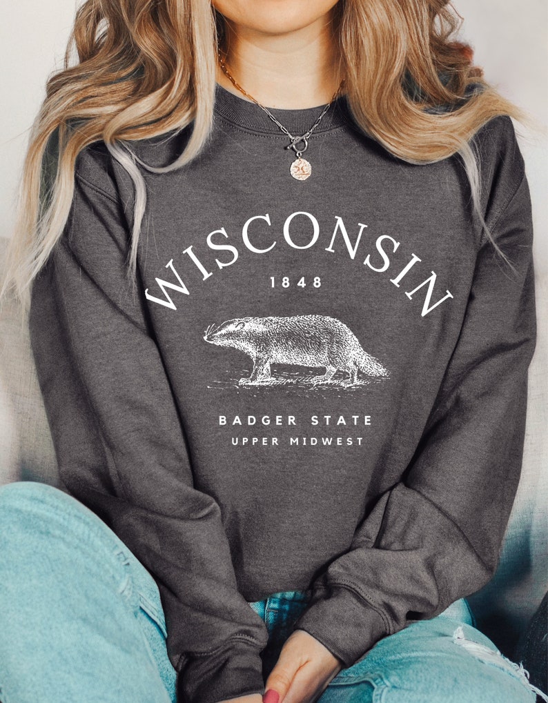 May include: A dark gray sweatshirt with a white graphic design featuring the text "WISCONSIN 1848" and a badger illustration. The text "BADGER STATE UPPER MIDWEST" is also included in the design.
