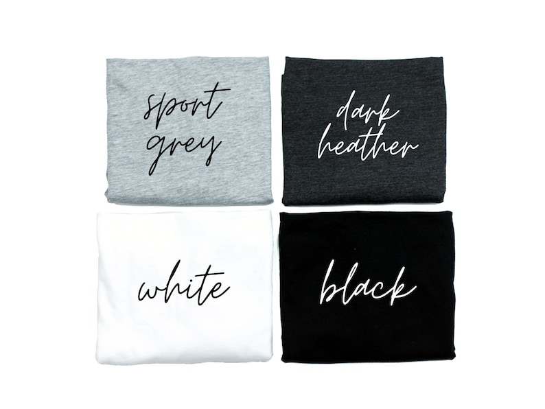 May include: Four folded fabric squares in sport grey, dark heather, white, and black. Each square has a handwritten style text label indicating the color. The image is on a white background.