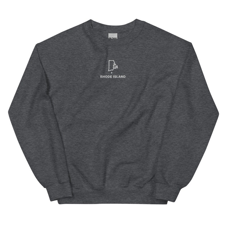 May include: A dark gray sweatshirt with a white outline of the state of Rhode Island and the text "Rhode Island" underneath.