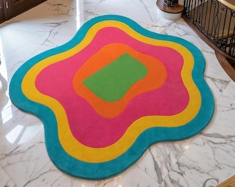Luxury Colorful Abstract Hand Tufted Wool Rug, Modern Wavy Area Rug, Handmade Designer Carpet, Funky Living Room Decor.