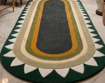 Alfombra ovalada de lana tejida a mano, alfombra moderna de lana hecha a mano a medida para pasillo en color verde esmeralda.