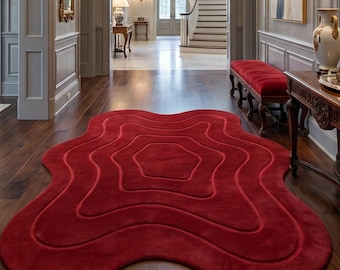 Hand Tufted Wool Rug–Crimson Bloom Red Modern Abstract Irregular Carpet for Living Room.