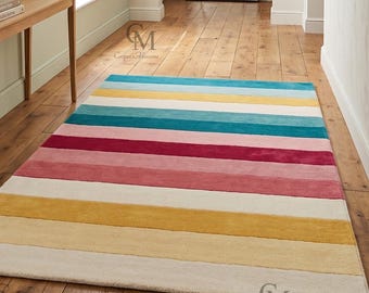 Hand Tufted Striped Colorful Modern Wool Area Rug, Handmade Geometric Carpet, Living Room Decor.