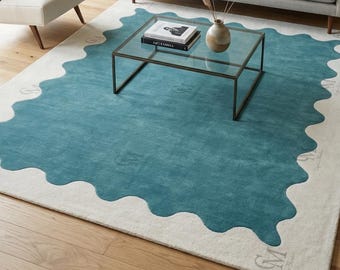 Blue Hand Tufted Wool Rug-Modern Scalloped Edge Carpet-Handmade Wavy Area Rug for Living Room.