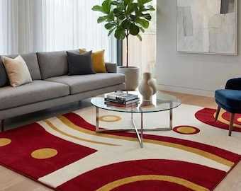 Crimson Aura Hand-Tufted Wool Area Rug – Modern Abstract Red, Ivory & Mustard Living Room Carpet.