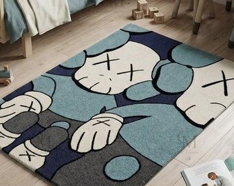 Handgetuft 5 x 8 wollen vloerkleed, abstracte cartoon Kaws-stijl moderne handgemaakte woonkamer groot vloerkleed.