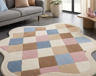 Tappeto in lana con bordo ondulato smerlato, tappeto trapuntato a mano a scacchiera pastello, moderno tappeto ondulato a scacchi irregolari per l'arredamento del soggiorno.