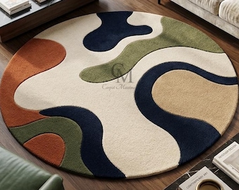 Handmade Abstract Round Rug, Luxury Hand Tufted Wool Carpet, Modern Organic Shape Area Rug.