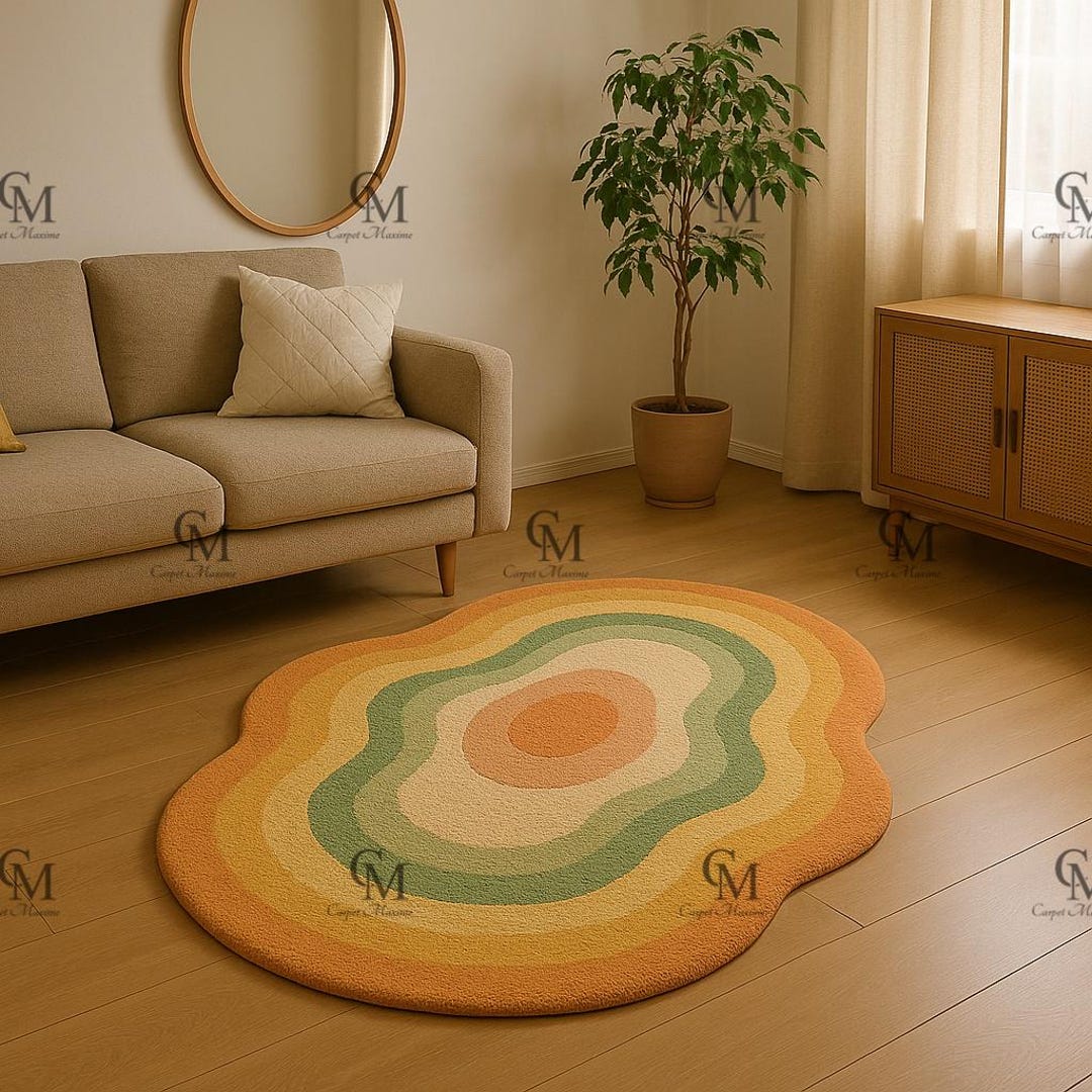 Groovy Sunset Bloom Area Rug-wavy Retro Floor Rug in Citrus and Sage ...