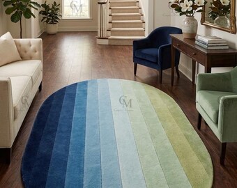 Alfombra ovalada con degradado de color azul verdoso, hecha a mano, de diseño minimalista. Tamaños personalizados disponibles.