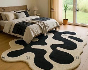 Hand Tufted Wool Rug, Organic Flow Abstract Irregular Black & Ivory Rug for Living Room, Modern Wavy Carpet.