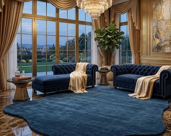 Navy Blue Irregular Hand Tufted Wool Rug, Organic Shape Abstract Area Rug, Modern Luxury Living Room Carpet.