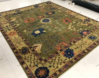 Hand Tufted Green Area Rug, Vintage Floral Rug, Handmade Wool Carpet, Living Room Rug, Luxury Home Decor Rug