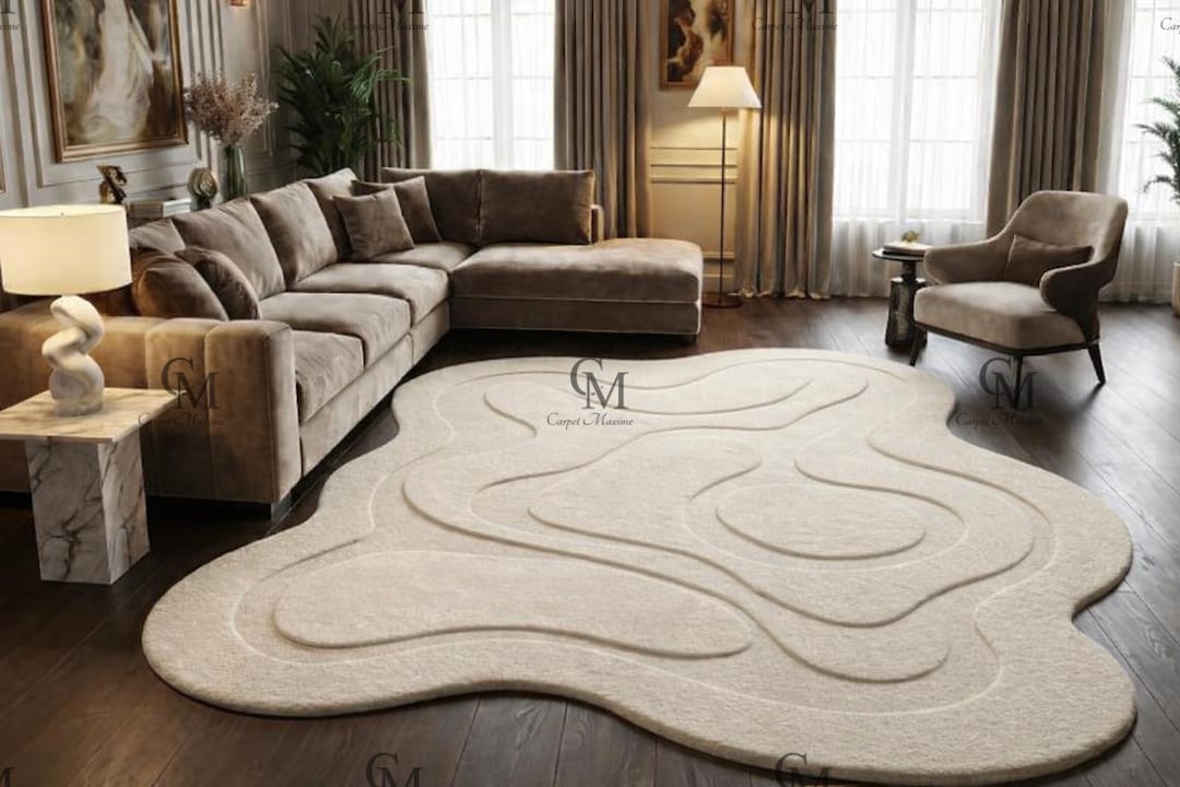 Irregular Shape Rug, Hand Tufted Cream Wool Rug, Modern Abstract Area ...