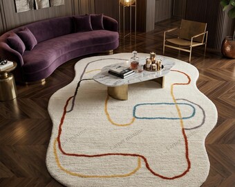 Hand Tufted Wool Area Rug:5x8 Coastal Abstract Irregular Shape Carpet for Living Room.