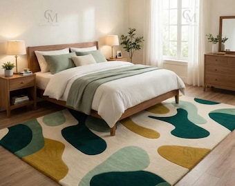 Mid Century Modern Hand Tufted Wool Rug - Abstract Organic Shapes Area Rug - Green, Gold & Cream Handmade Carpet for Living Room.