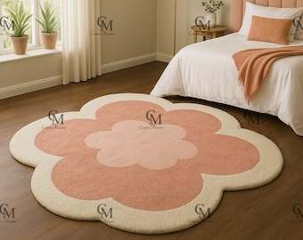 Tappeto in lana Blossom Bloom annodato a mano - Pesca e Crema 5x5 per soggiorno o camera da letto