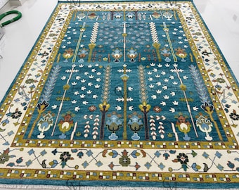 Teal Blue Oushak Rug, Hand Knotted Wool Area Rug, Handmade Oriental Carpet, Traditional Floral Rug, Vintage Turkish Decor.