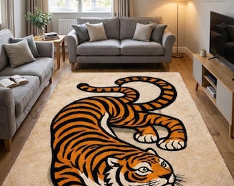 Tiger Rug Hand Tufted Wool Area Rug, Animal Print Rug, Handmade Statement Carpet, Safari Decor, Living Room Rug.+